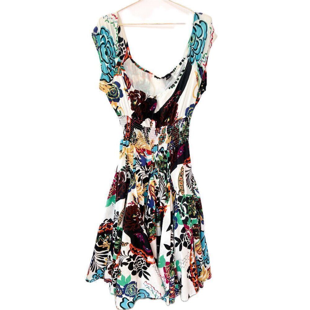 Grace Dresses White Floral Elastic Waist Full Skirt Midi 100% Cotton Dress Small